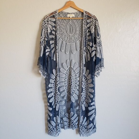 Rebellion Again Mesh Crochet Lace Open Kimono Cover Up Blue Size L Beachy Boho - Picture 3 of 11